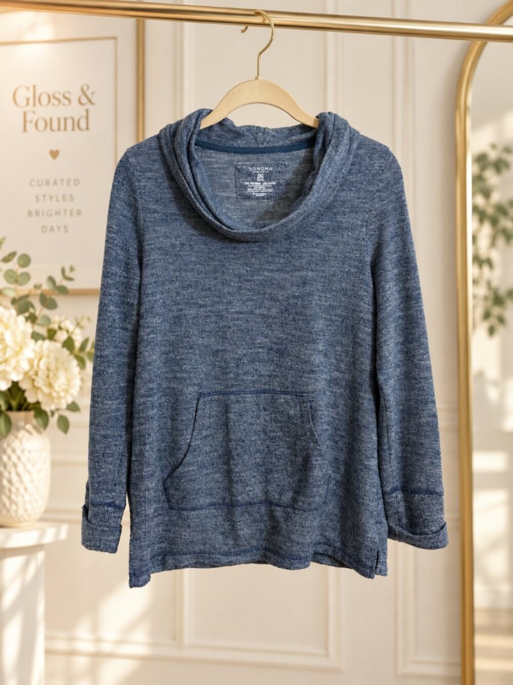 Sonoma Life + Style Petite Small Blue Cowl Neck Pullover Sweater Pocket PS